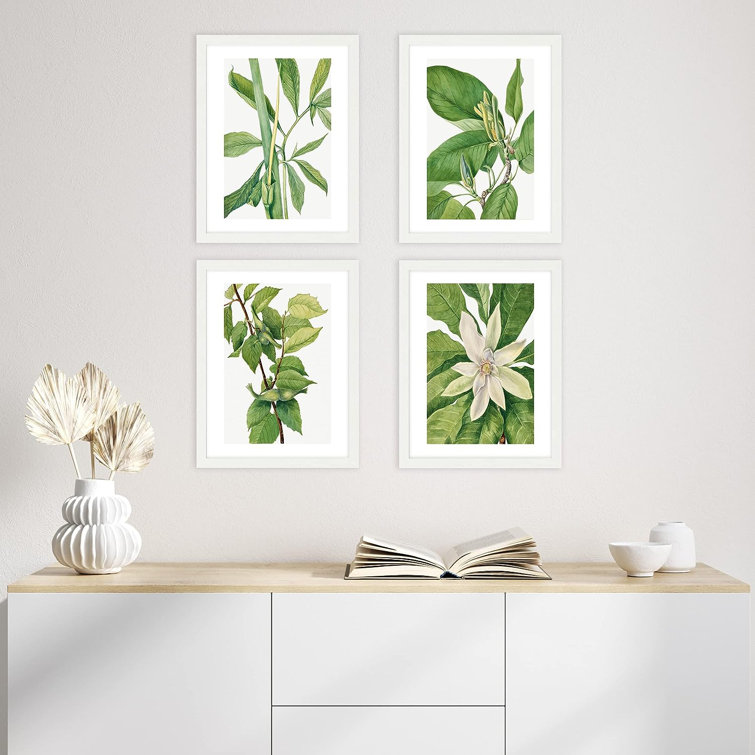 IDEA4WALL Framed Green Forest Plant Flower Wall Art Set Of 4 Collage Floral Wall Decor Prints Nature Wilderness Wall Decor For Living Room Bedroom